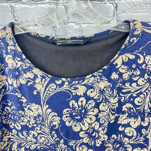 Peruvian Connection Blue Baroque Floral Dress XL Midi Pockets Viscose Jersey - Picture 7 of 8